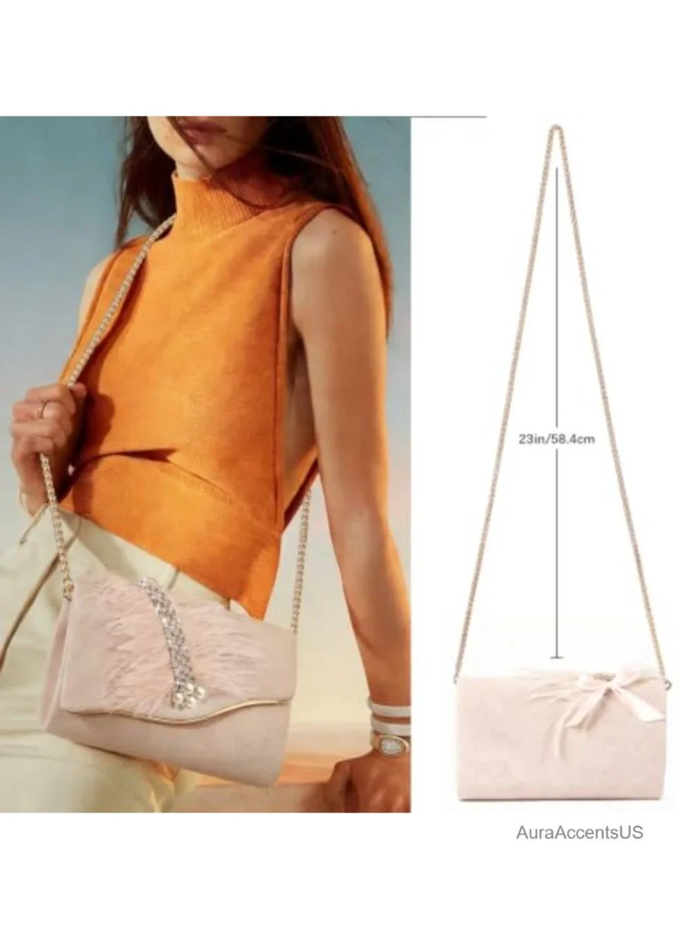 Faux Suede Envelope Clutch with Faux Feather Rhinestone Pearl Gold Crossbody